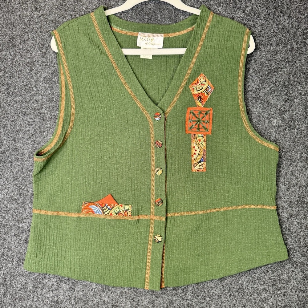 Lilly of California Womens L Green Boho Vest Patchwork Applique Artsy